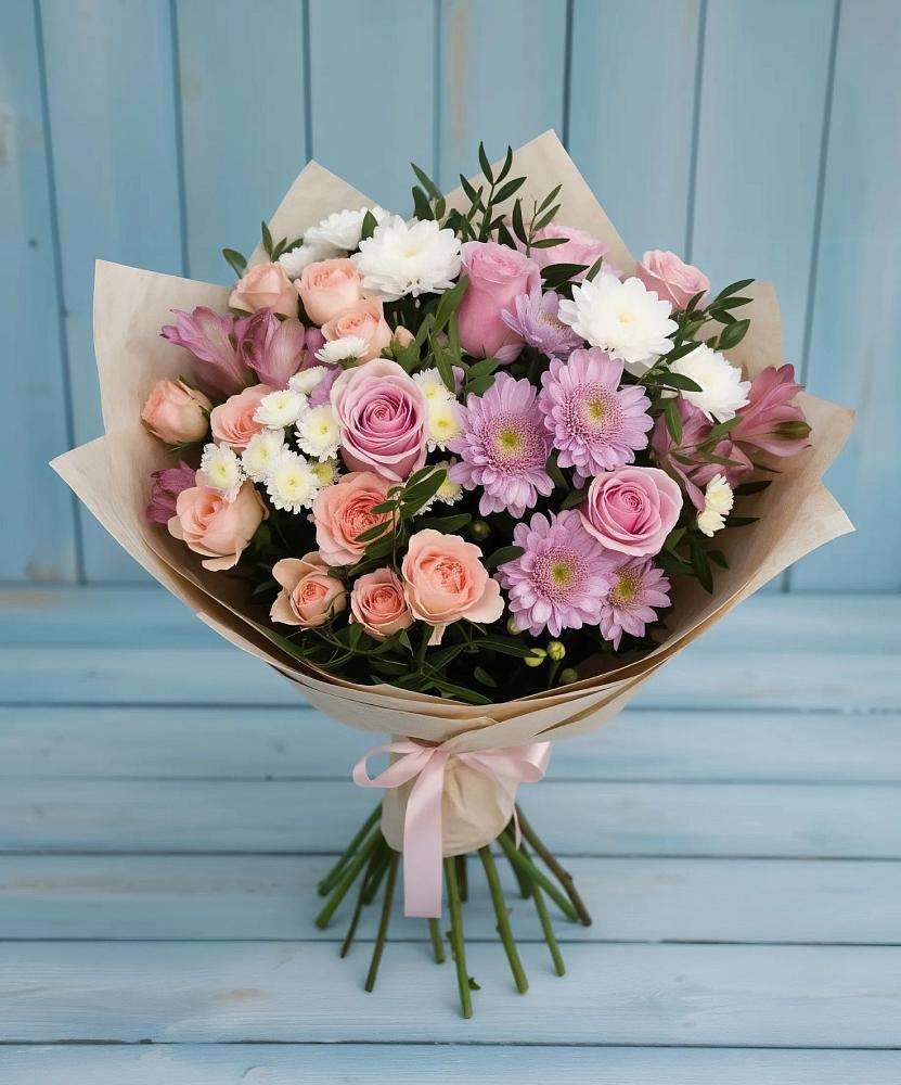 Букет цветов из: Хризантемы, Розы и Альстромерии в Хотьково