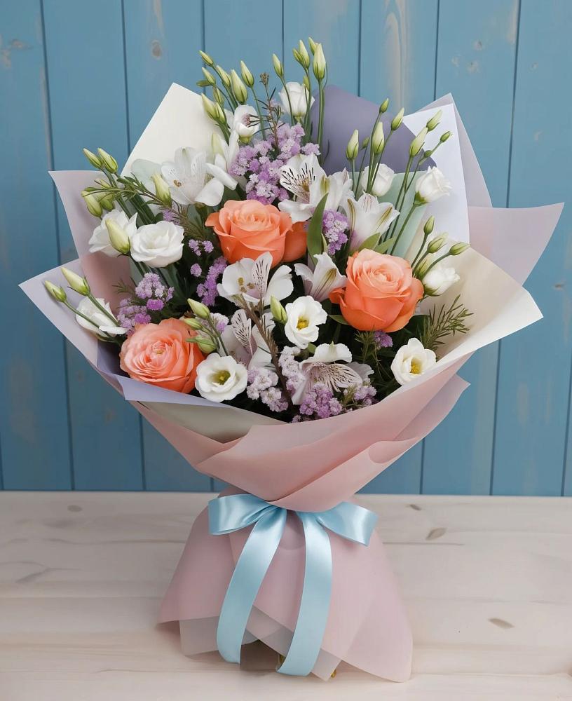 Букет цветов из: Лизиантусы, Розы, Альстромерии и Гипсофила в Хотьково